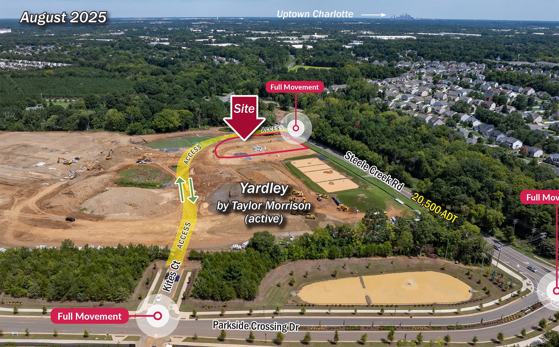 construction progress and access at Parkside Crossing retail site as of August 2025