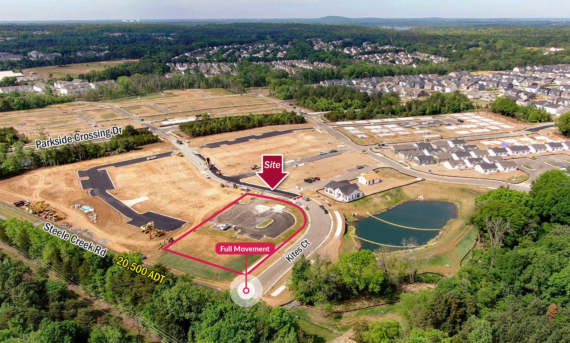 aerial of site work at Parkside Crossing with retail site outlined