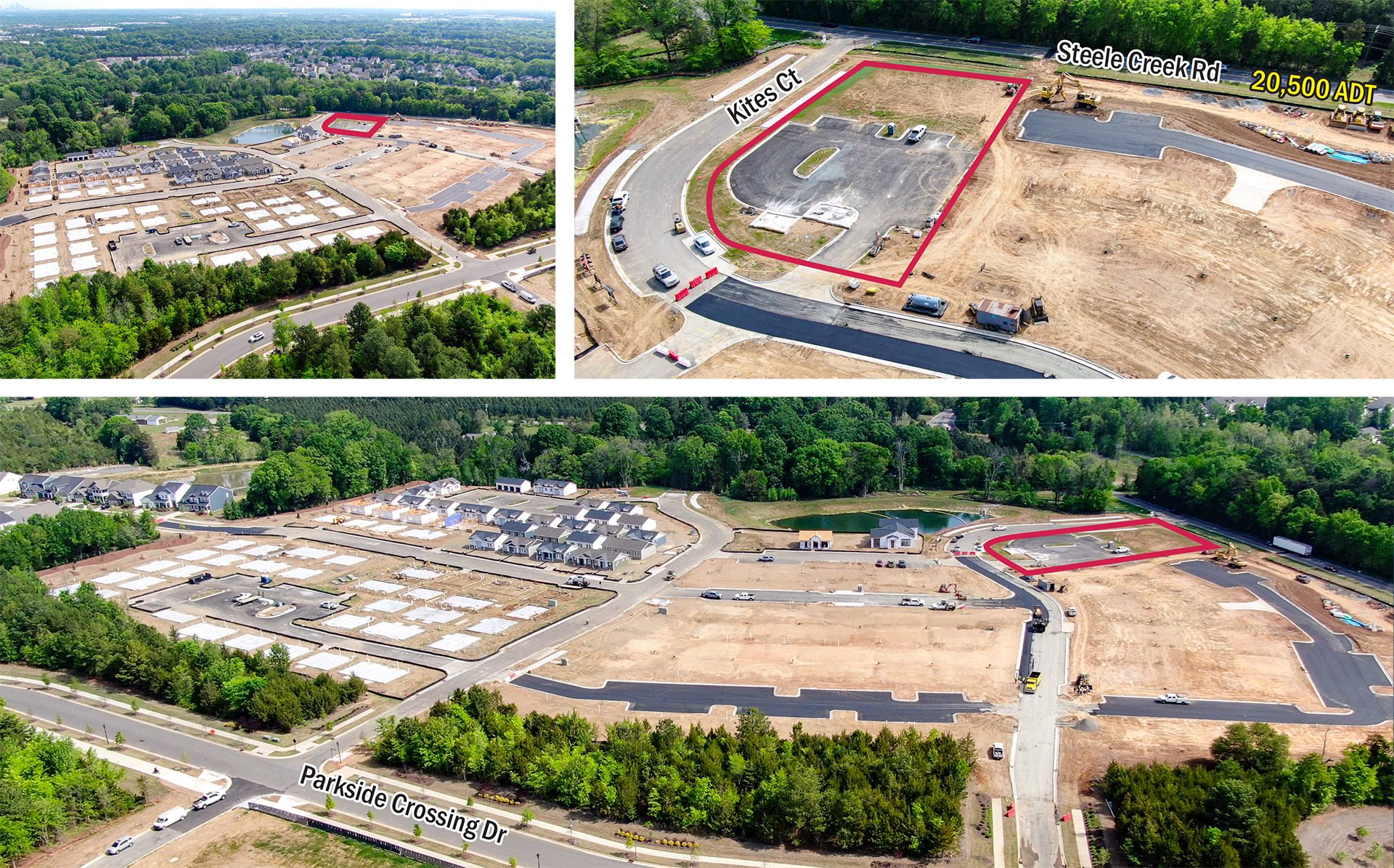 collage of drone aerial images at Parkside Crossing in Charlotte, NC