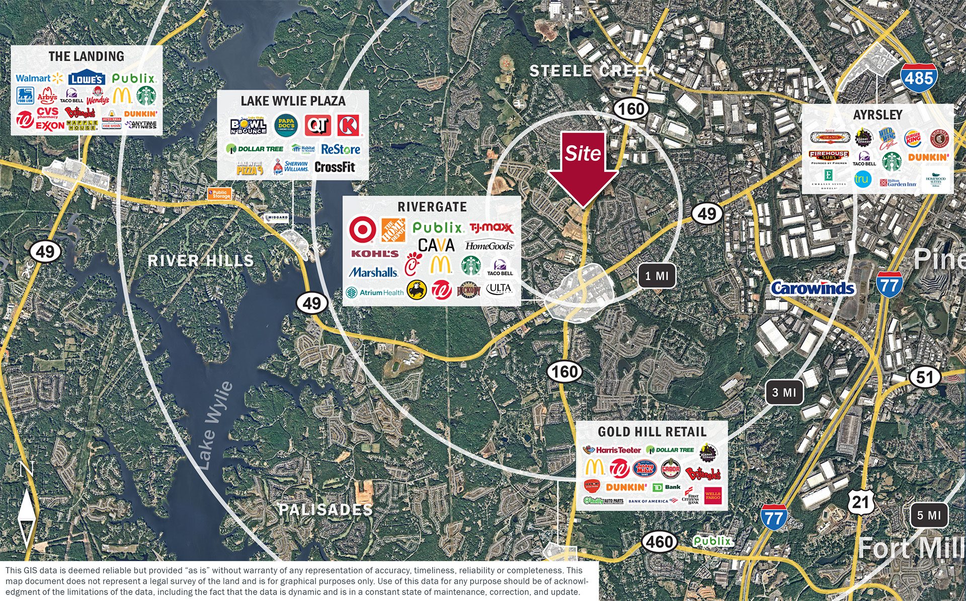 market aerial of Steele Creek Charlotte NC with retail and major roads labled