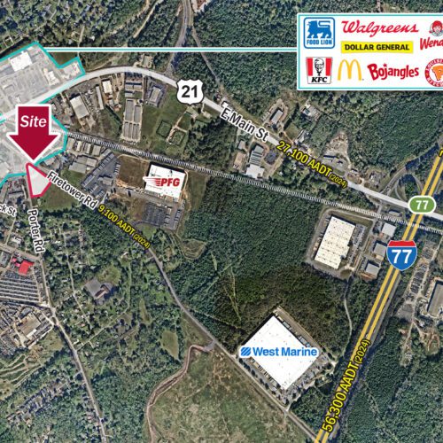 Rock Hill aerial of Firetower Rd land site and access to Hwy 21 and I-77