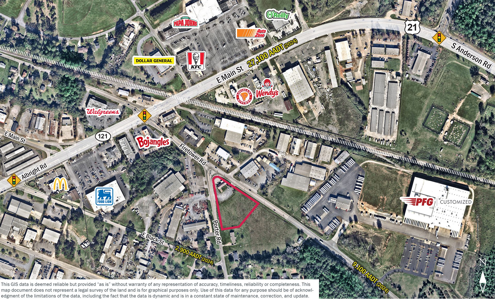 zoomed aerial of Rock Hill Firetower Rd land site and nearby retailers