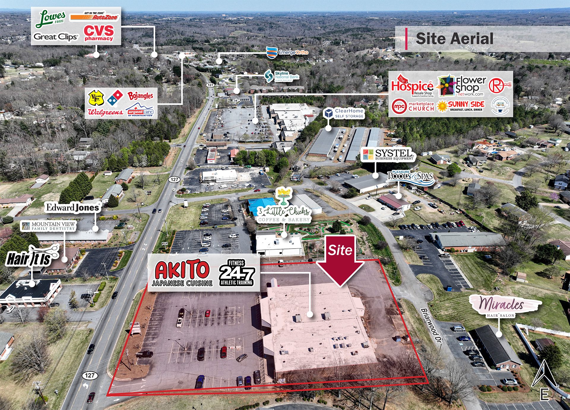 zoomed aerial of Mountain View Small Shops in Hickory, NC