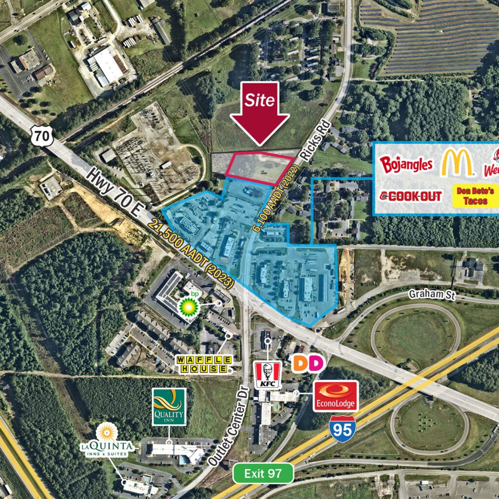 Selma Commercial Land site aerial map next to I-95 and I-42