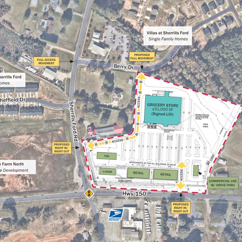 The Landing at Sherrills Ford conceptual site plan overlay on aerial