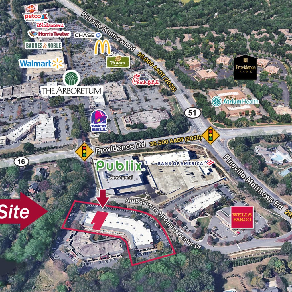 8035 Providence Road Charlotte NC oblique aerial with retail labeled