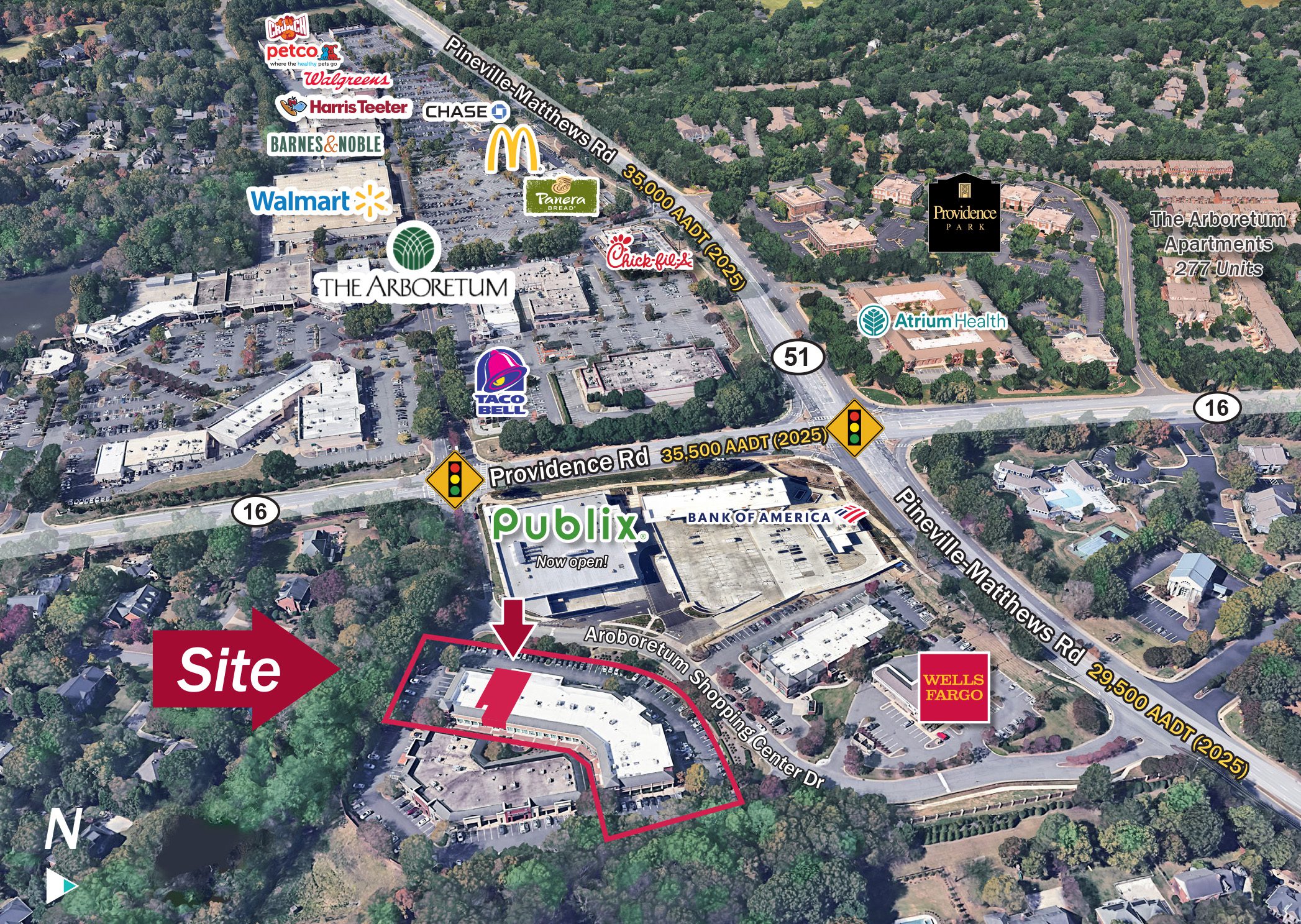 8035 Providence Road Charlotte NC oblique aerial with retail labeled