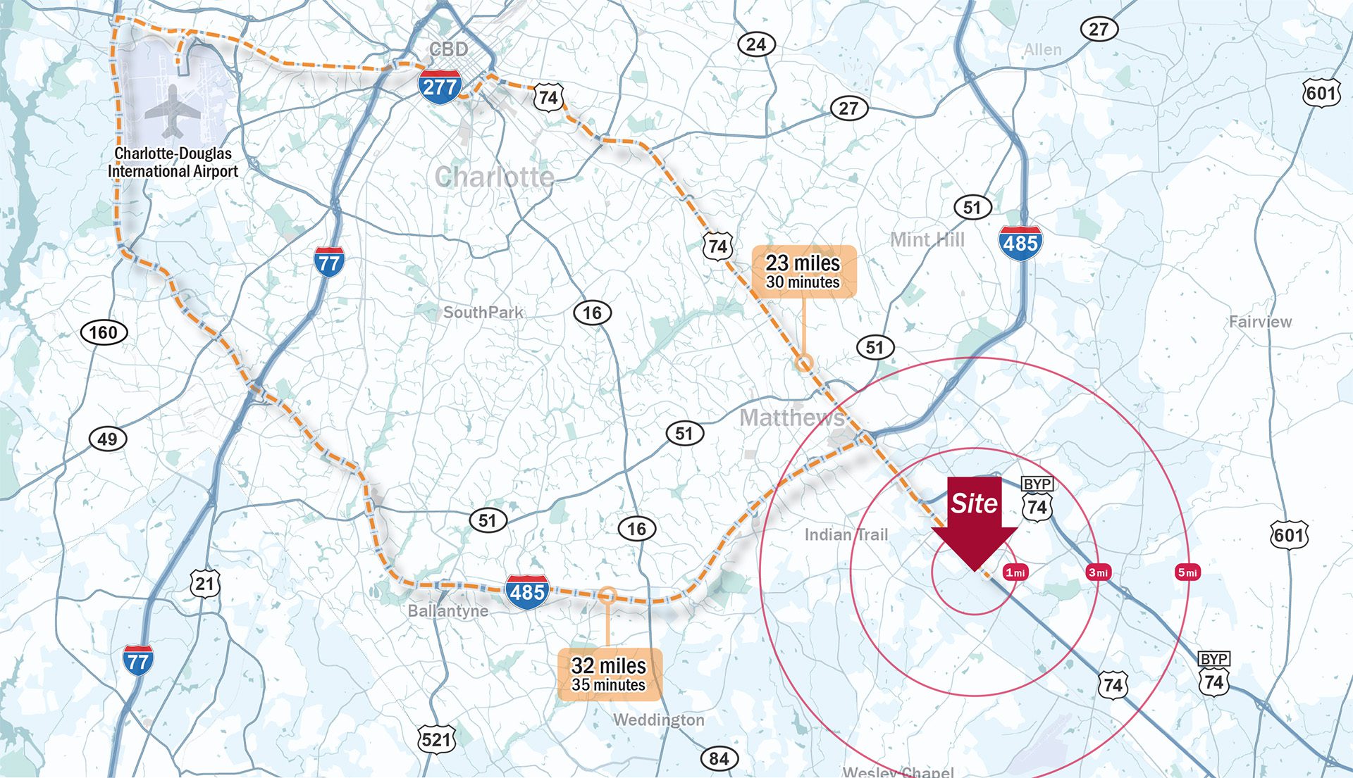 Charlotte map with distance and drive time to Indian Trail, NC