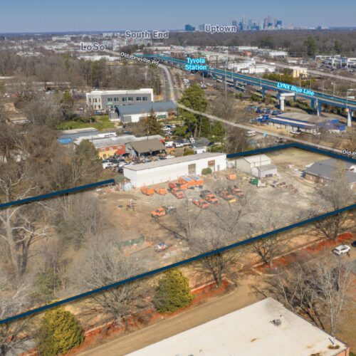 5970 Old Pineville Rd Site Aerial with LoSo, South End, Uptown distance shown