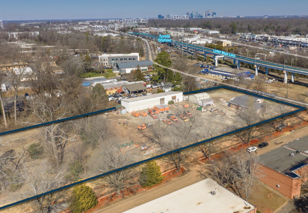 5970 Old Pineville Rd Site Aerial with LoSo, South End, Uptown distance shown