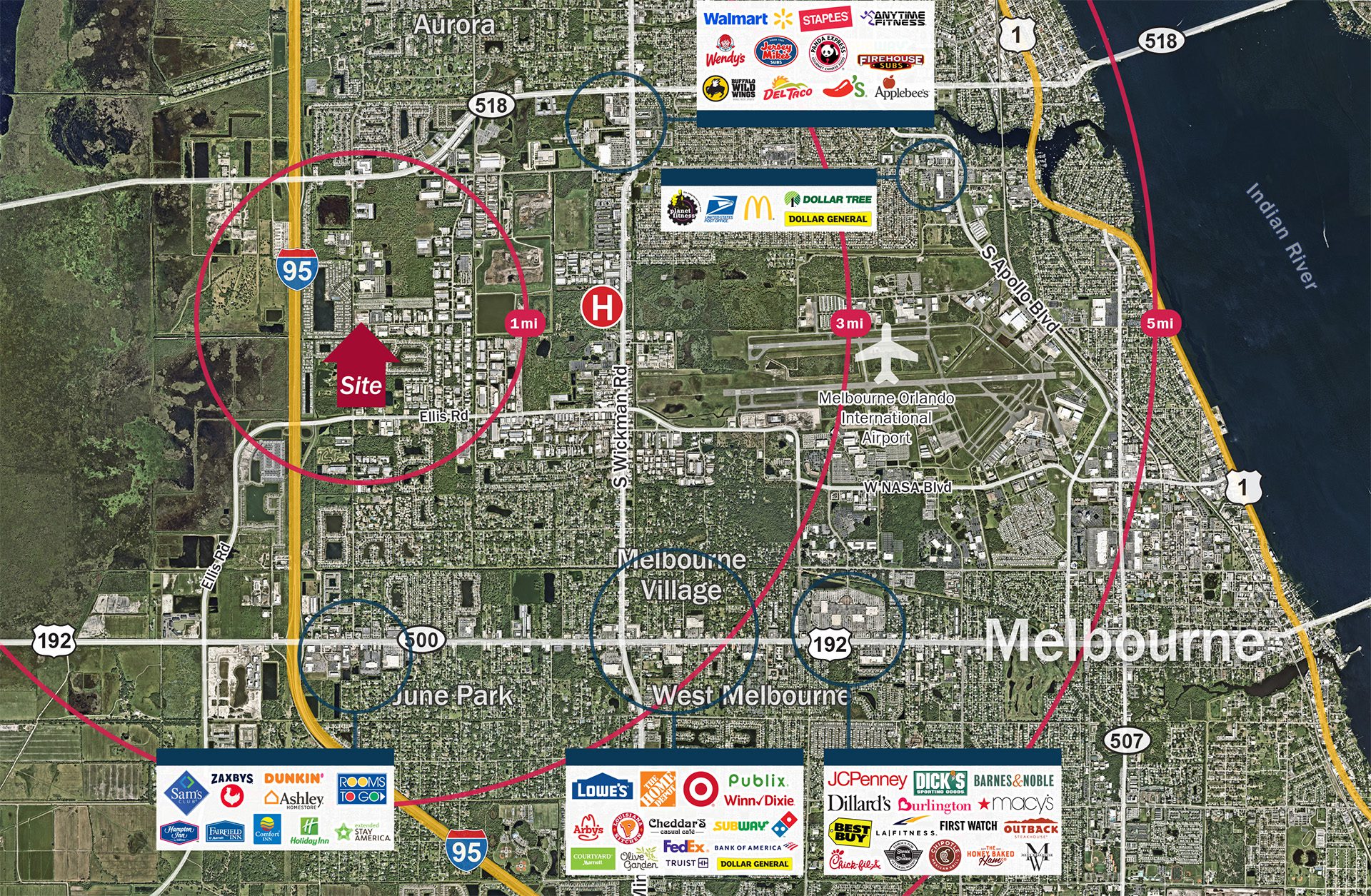 Melbourne, FL market aerial with retail logos
