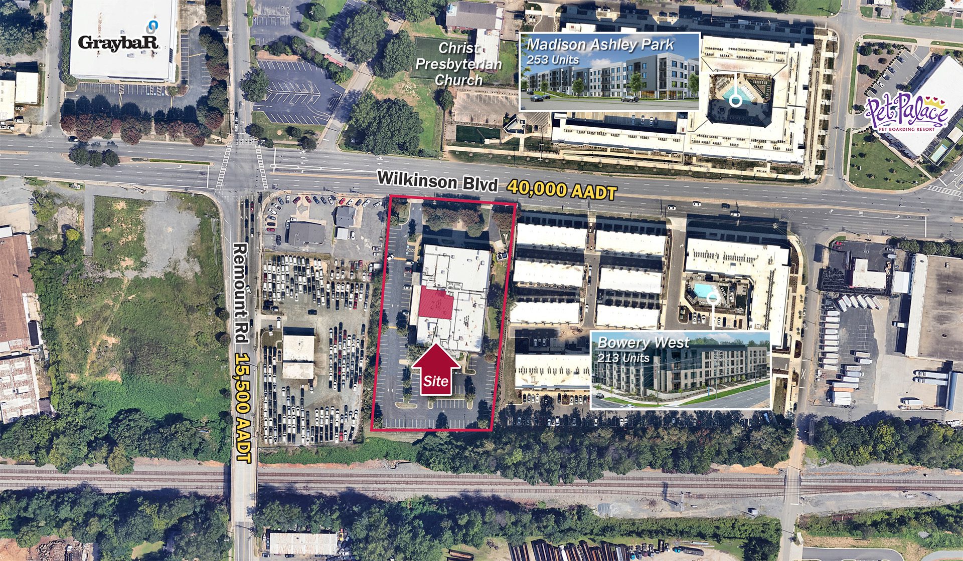 FreeMoreWest Dyestuff office building zoomed aerial