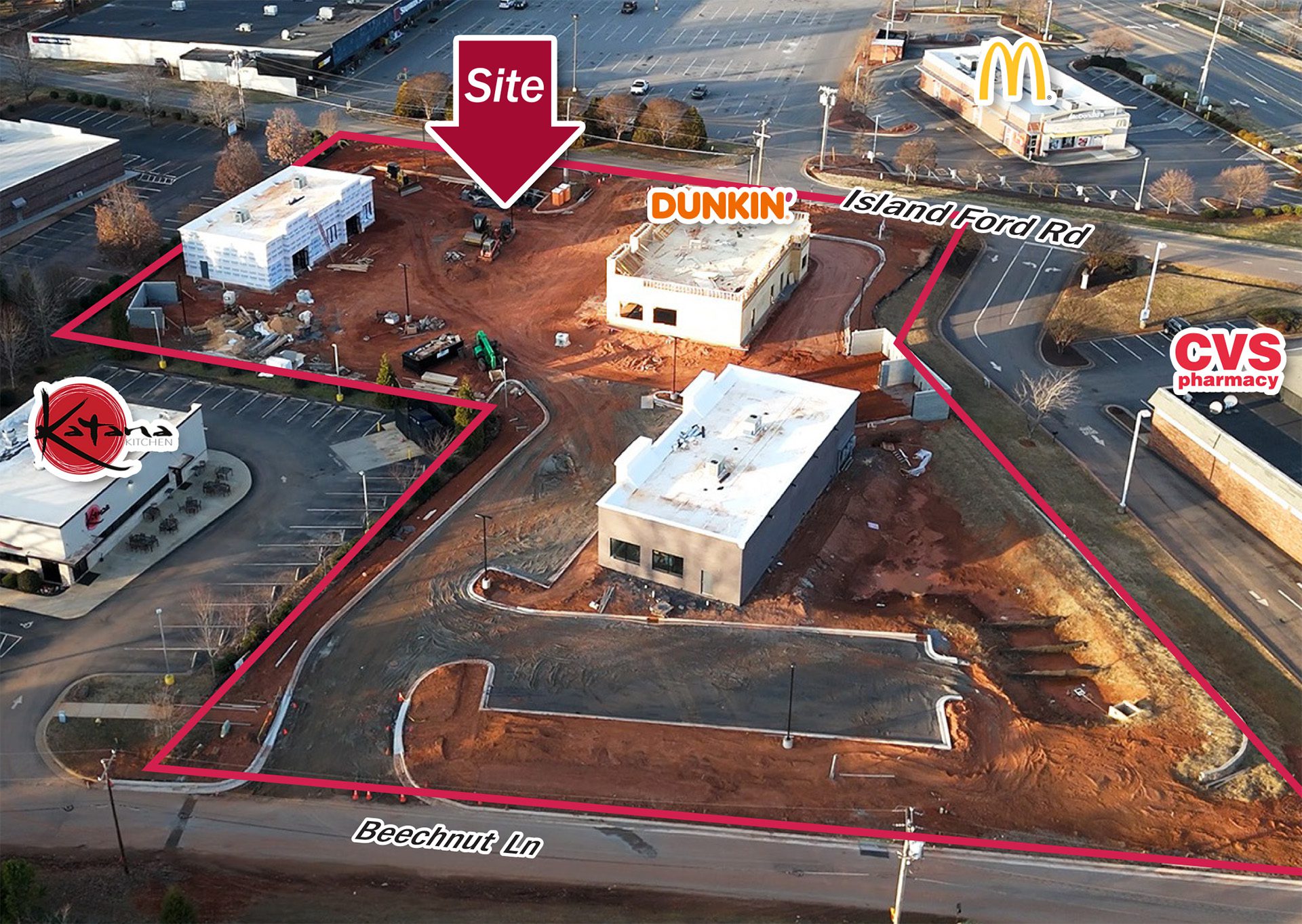Island Ford Road retail in Statesville drone shot of construction progress