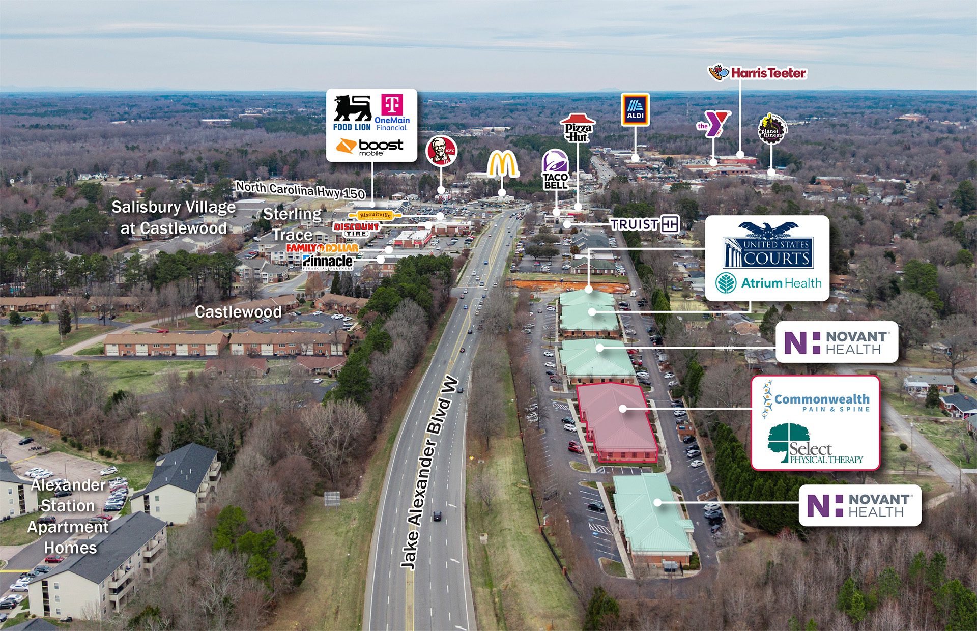 Jake Alexander Boulevard in Salisbury NC aerial with retail labeled