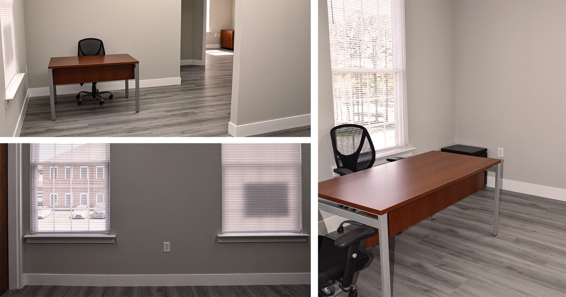 interior images of an office space with windows and a simple desk