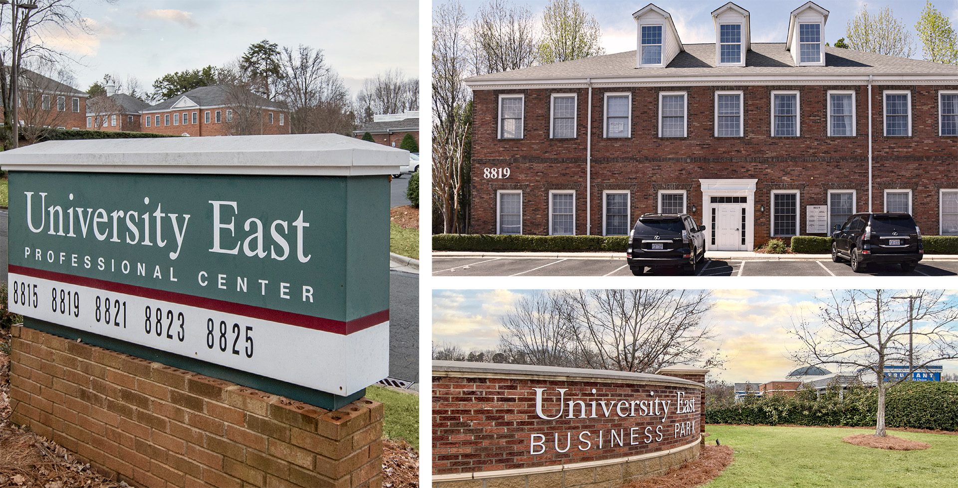 University East Business Park exterior image collage with monuments and office building