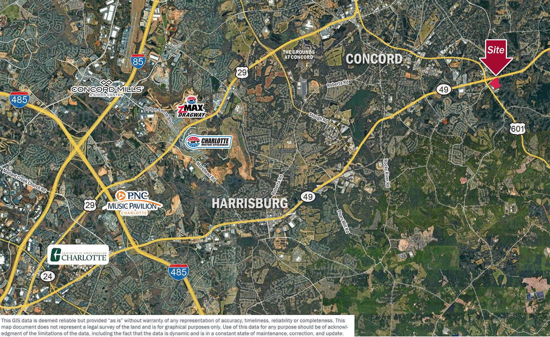 Concord market aerial with major attractions in northeast Charlotte, NC