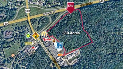 zoomed aerial of ±30 acres of commercial land available in Concord, NC