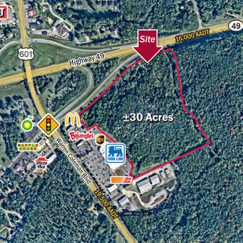 zoomed aerial of ±30 acres of commercial land available in Concord, NC