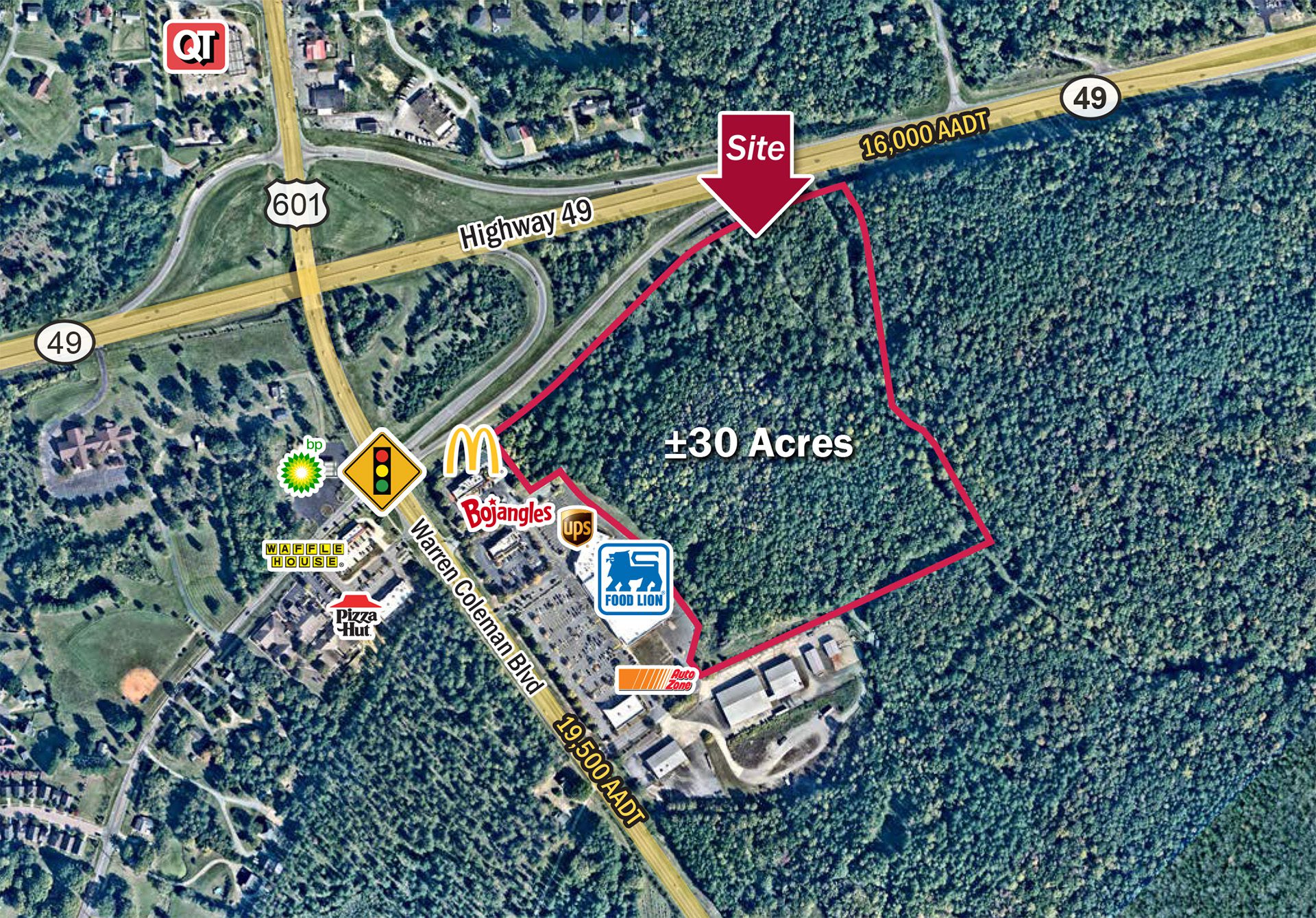 zoomed aerial of ±30 acres of commercial land available in Concord, NC