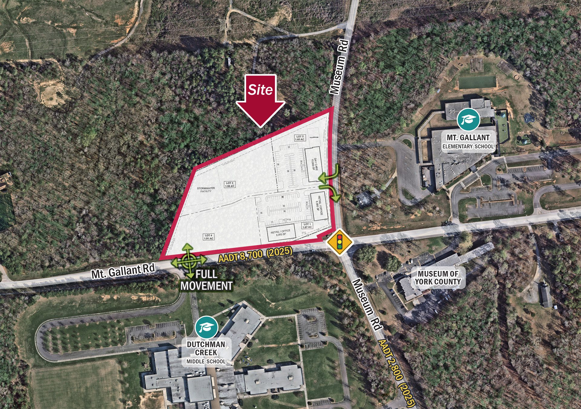 Mt. Gallant Road in Rock Hill aerial with conceptual site plan overlay