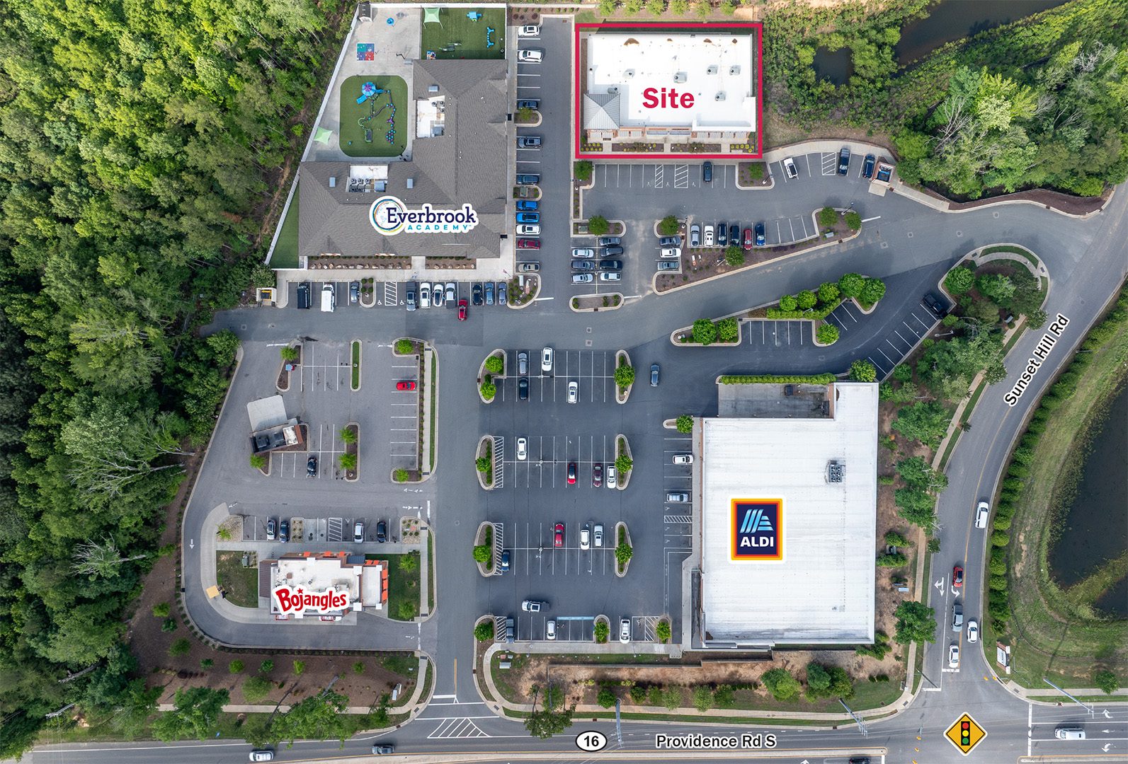 aerial birds eye view of Carrington Square retail center in Waxhaw, NC