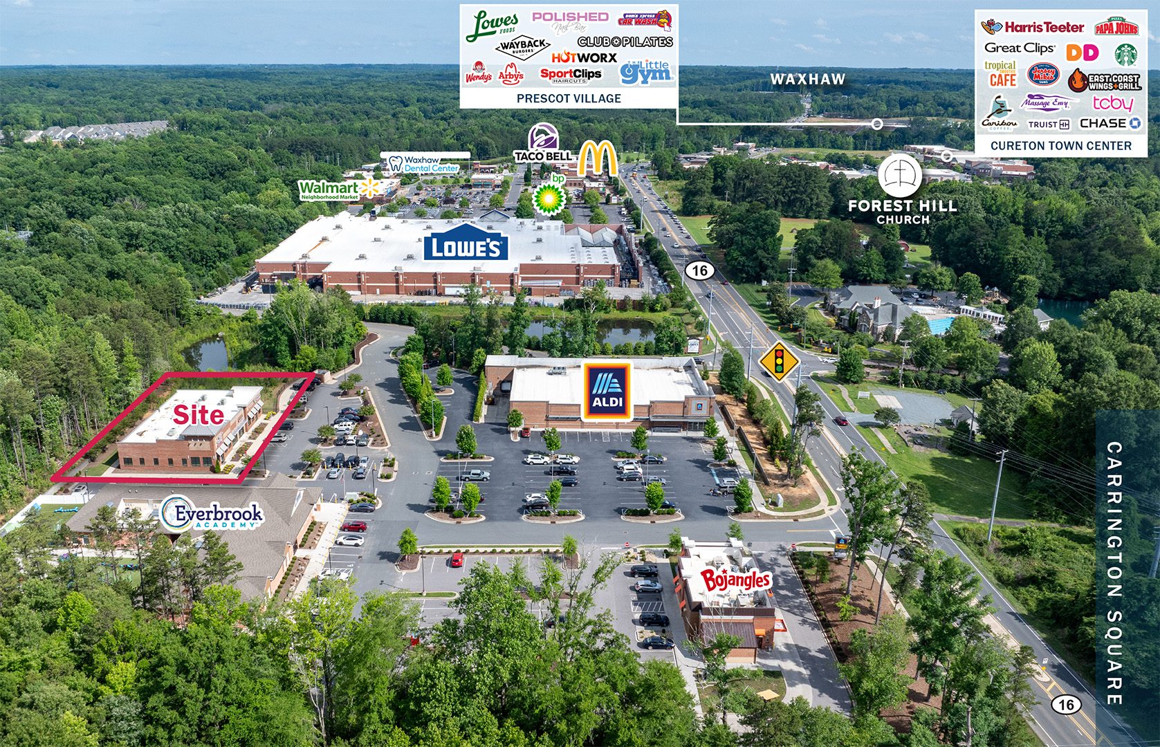 drone aerial of Waxhaw, NC and Carrington Square retail center near Lowe's and Aldi