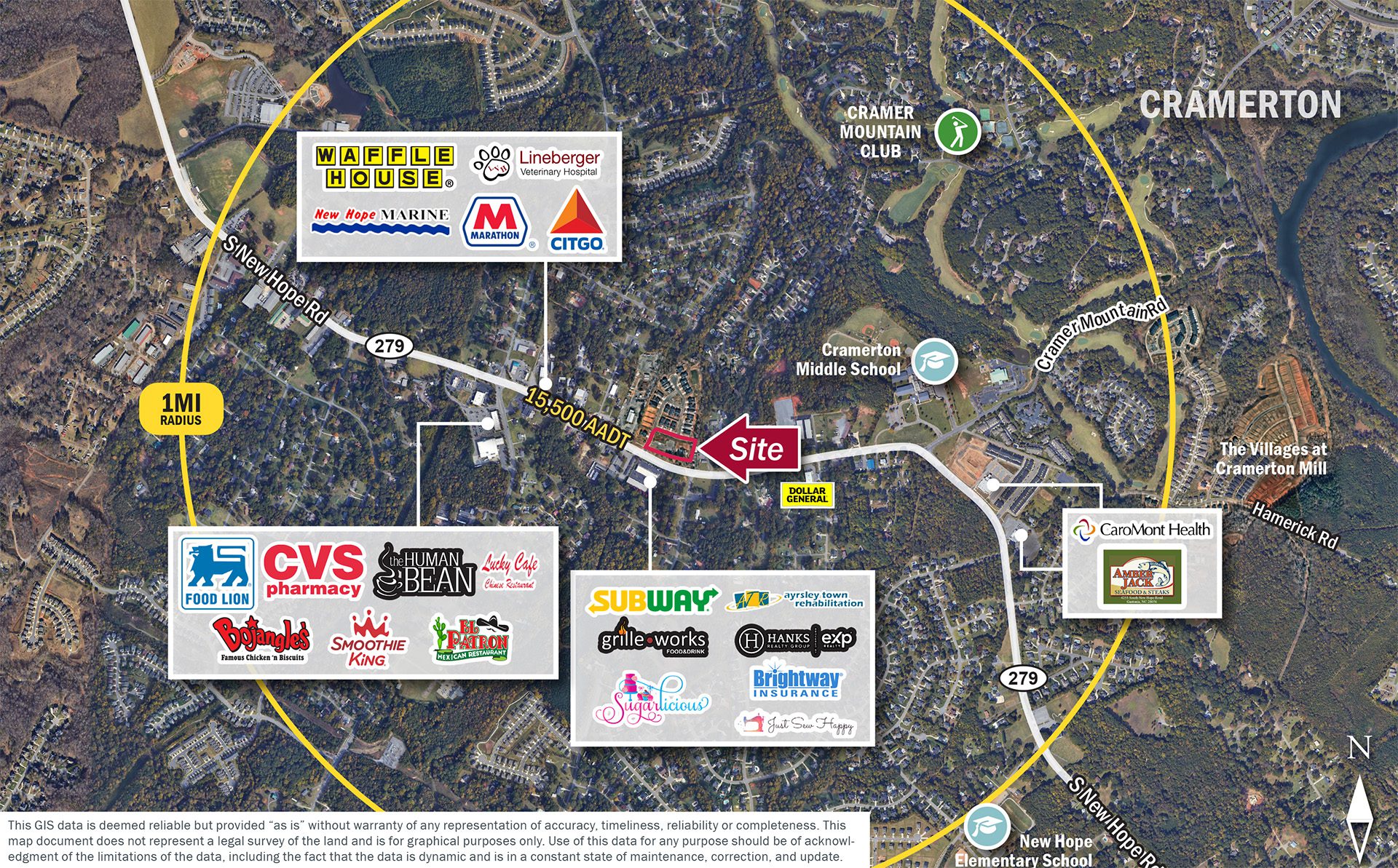 Cramerton NC market aerial with retail labeled