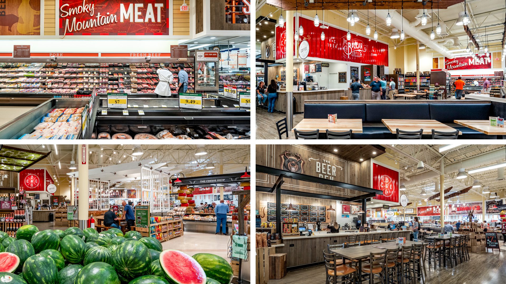 collage of interior images at Lowes Foods in Kannapolis NC within Kellswater Commons shopping center
