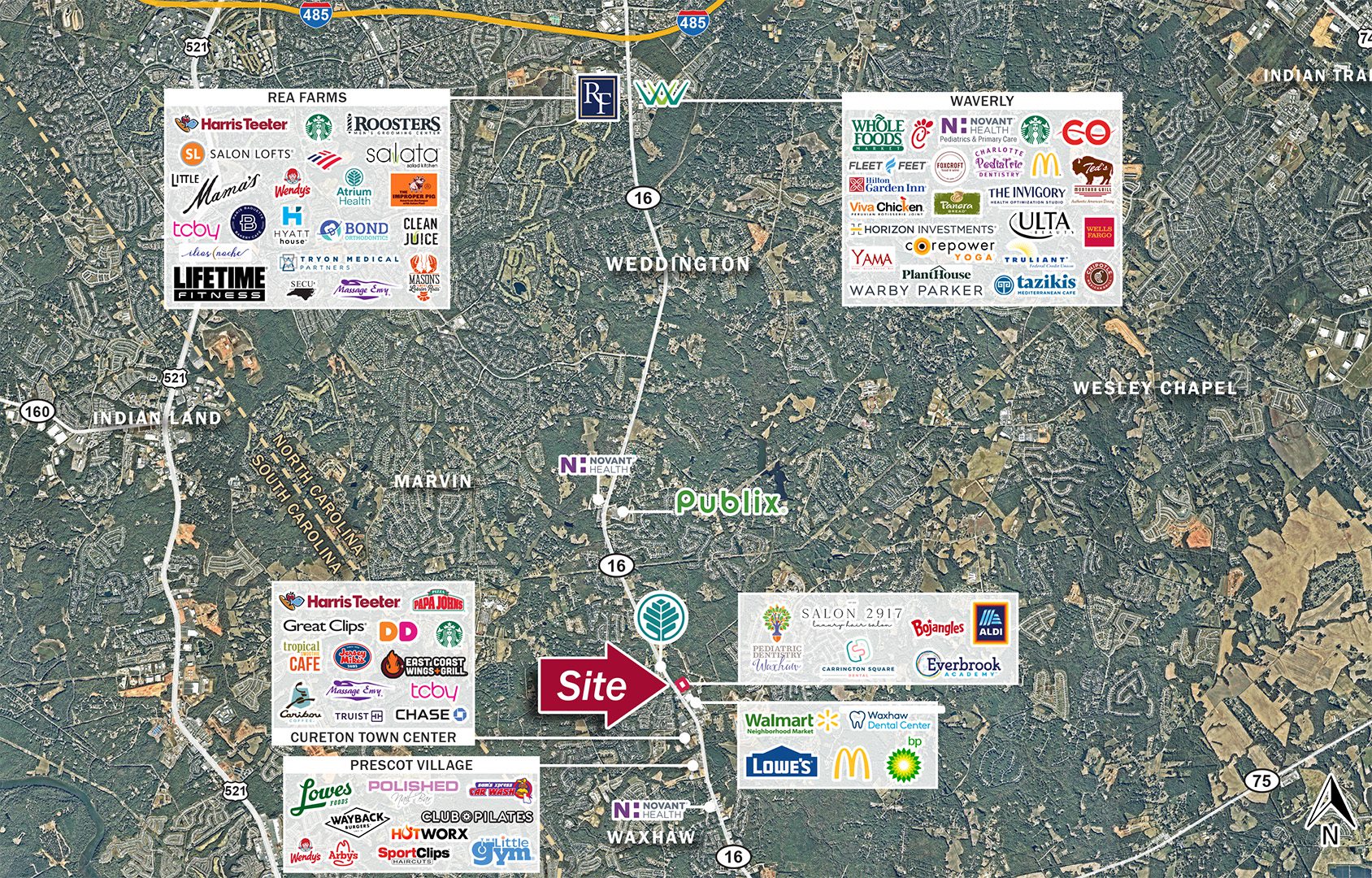 Market aerial with retail and major hospitals for Waxhaw Weddington and South Charlotte North Carolina