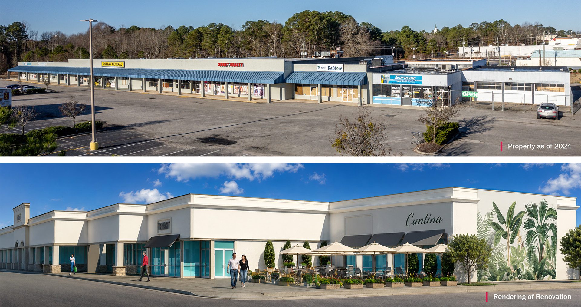 image and rendering of renovation of retail 1-story multi-tenant building