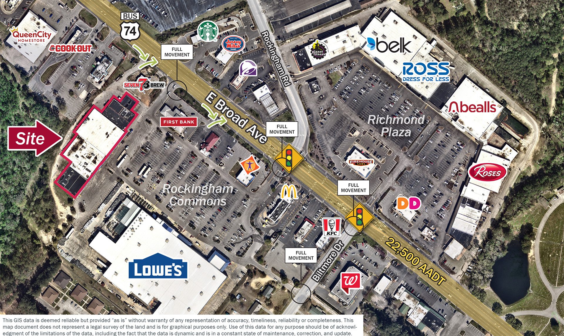close up market aerial of Rockingham retail at E Broad Ave and Rockingham Rd