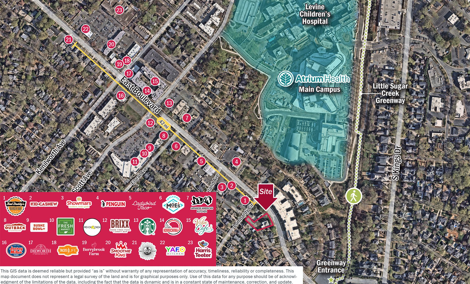 Dilworth dining options and walkability aerial zoomed