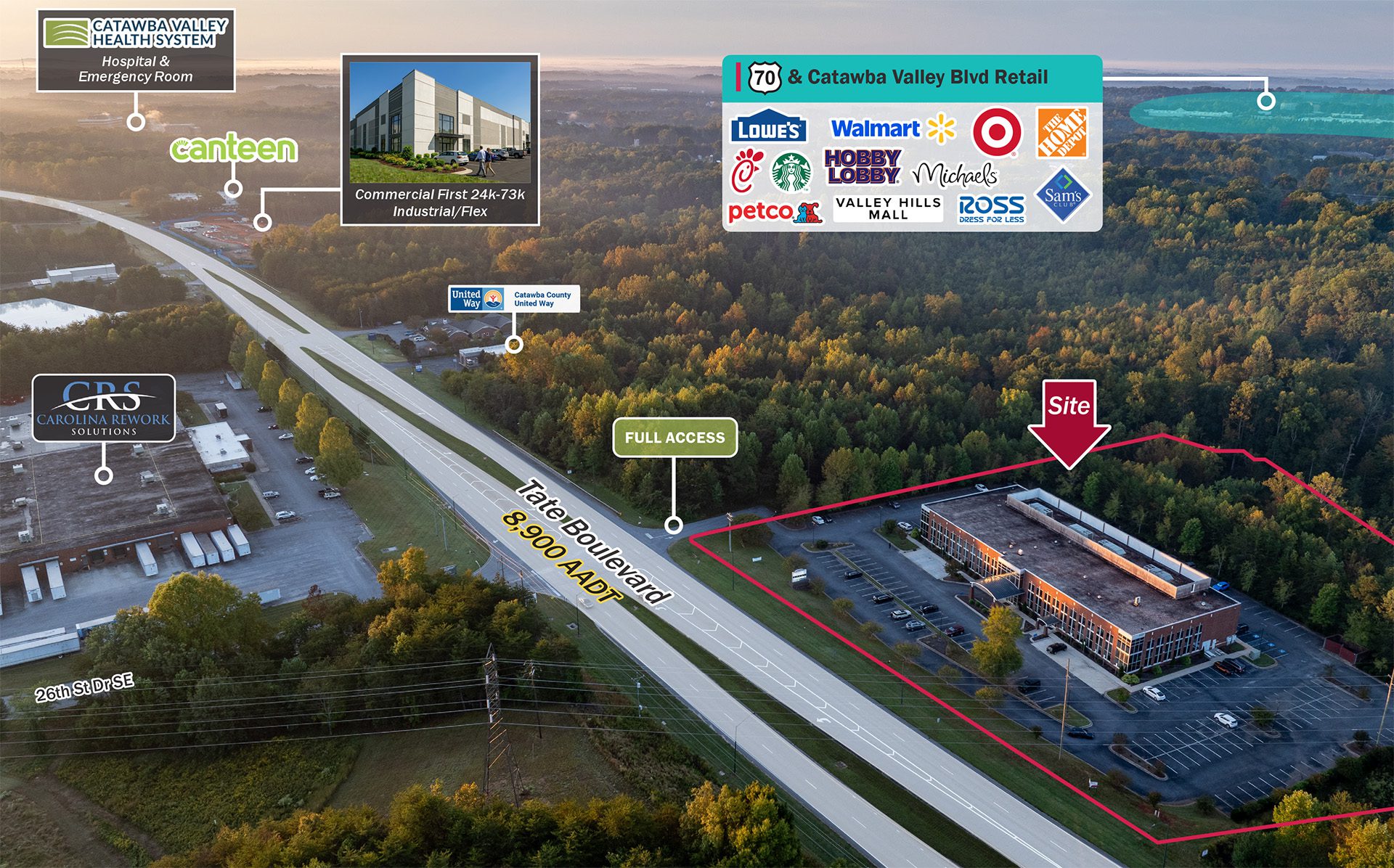 Hickory NC aerial with retail labeled facing east