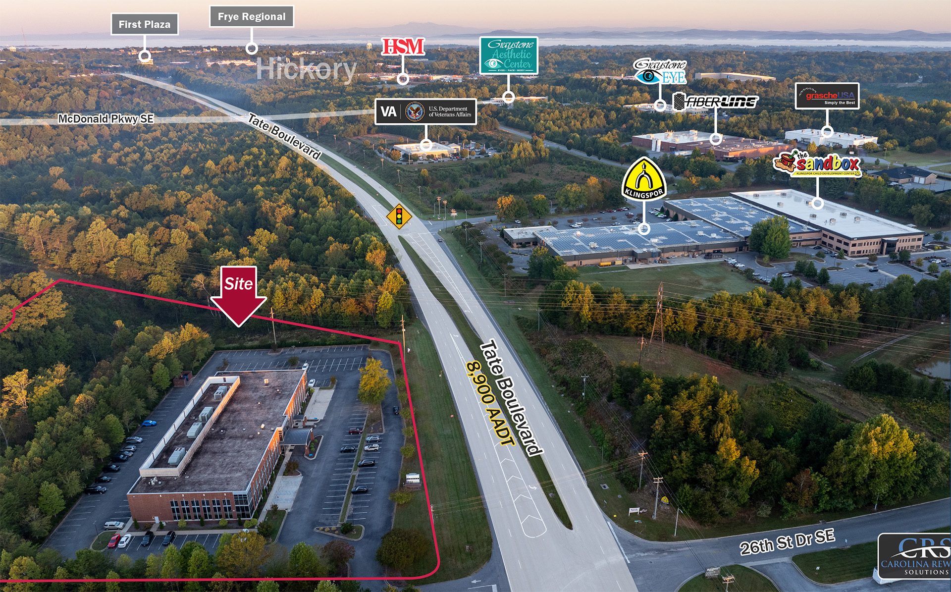 Hickory NC aerial with retail labeled facing west