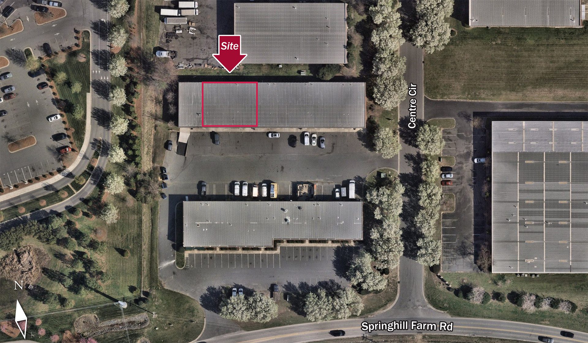 zoomed birdseye aerial of industrial area in Pineveville, NC/Fort Mill, SC