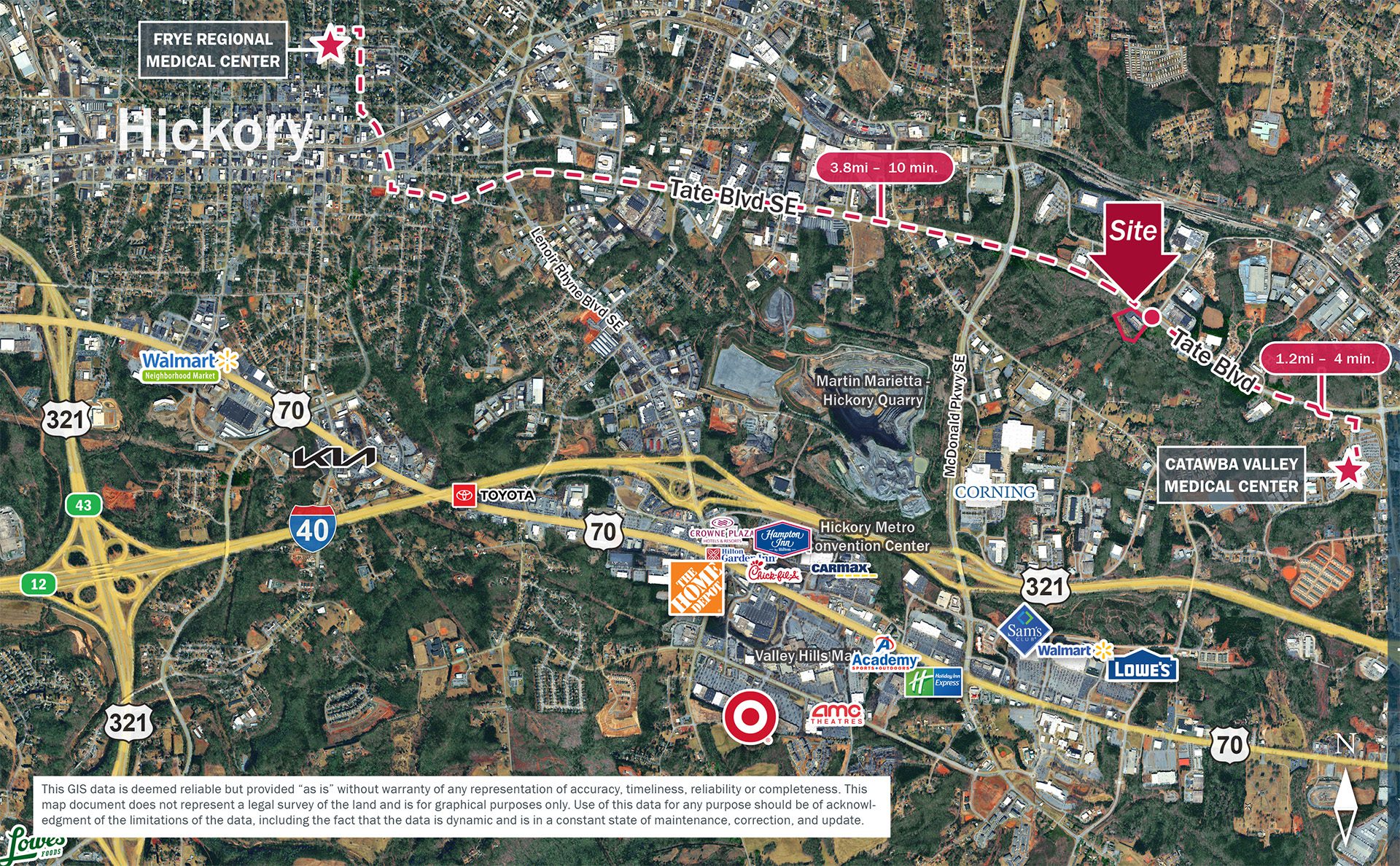 Hickory market aerial map with retail