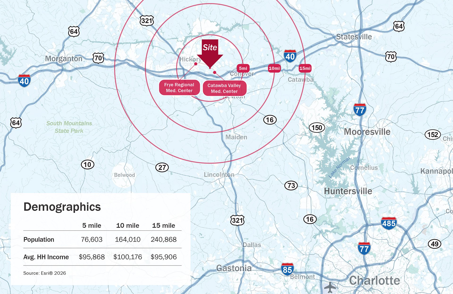 Hickory locator map and proximity to Charlotte