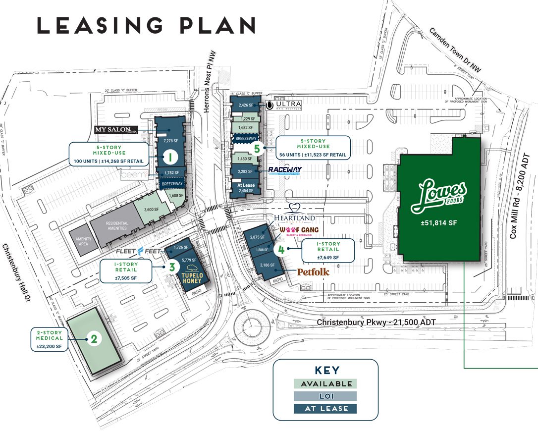 Site plan of christenbury village showing available retail spaces